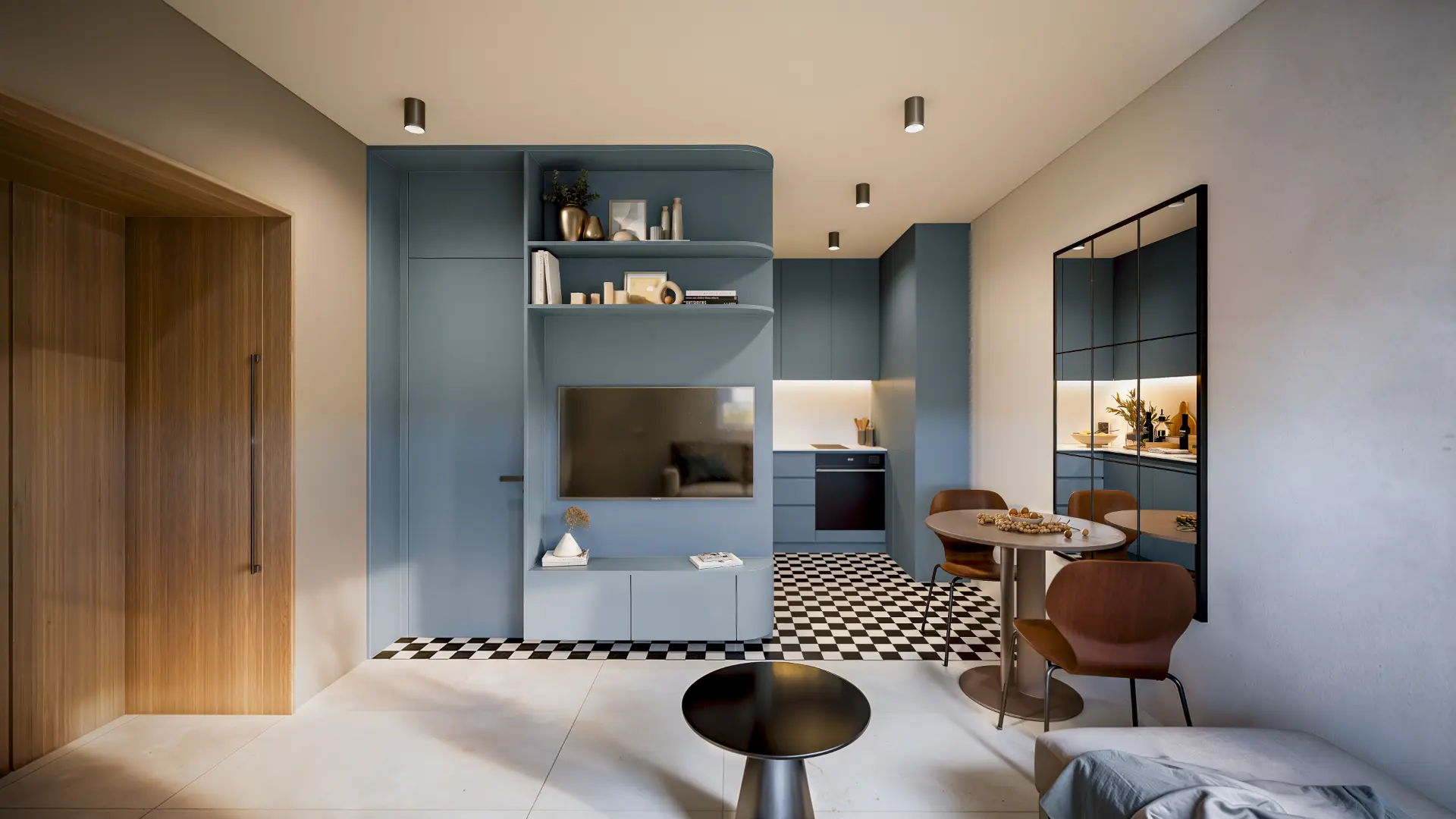 Compact apartment with blue joinery